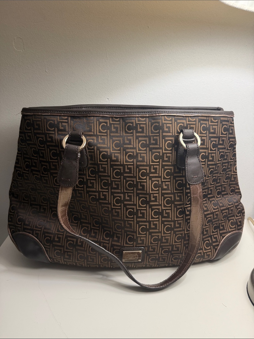 Liz Claiborne Brown Pattern Logo Tote with Leather Trim